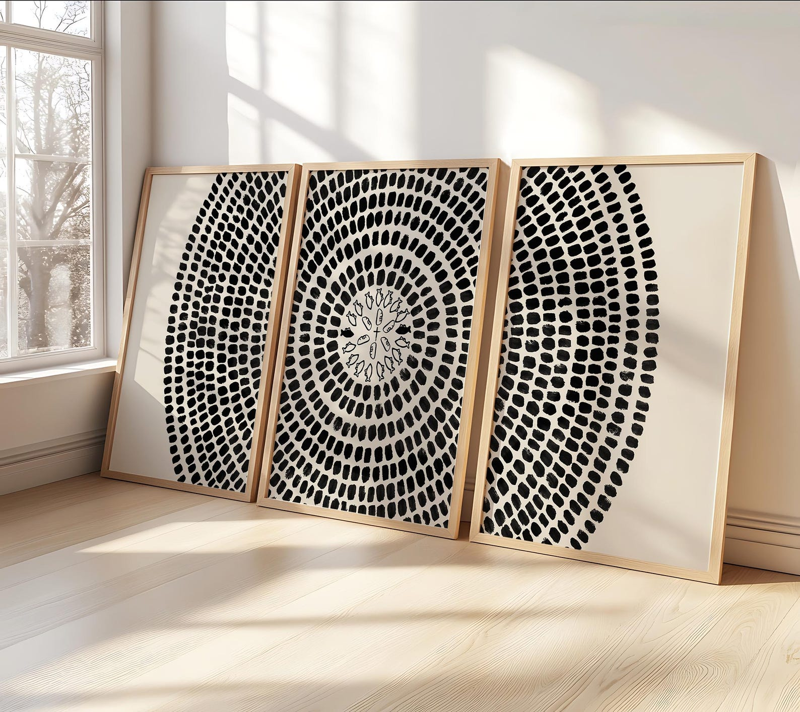 Black and Cream Abstract Radial Circle 3-Piece Wall Art Print Set image 1