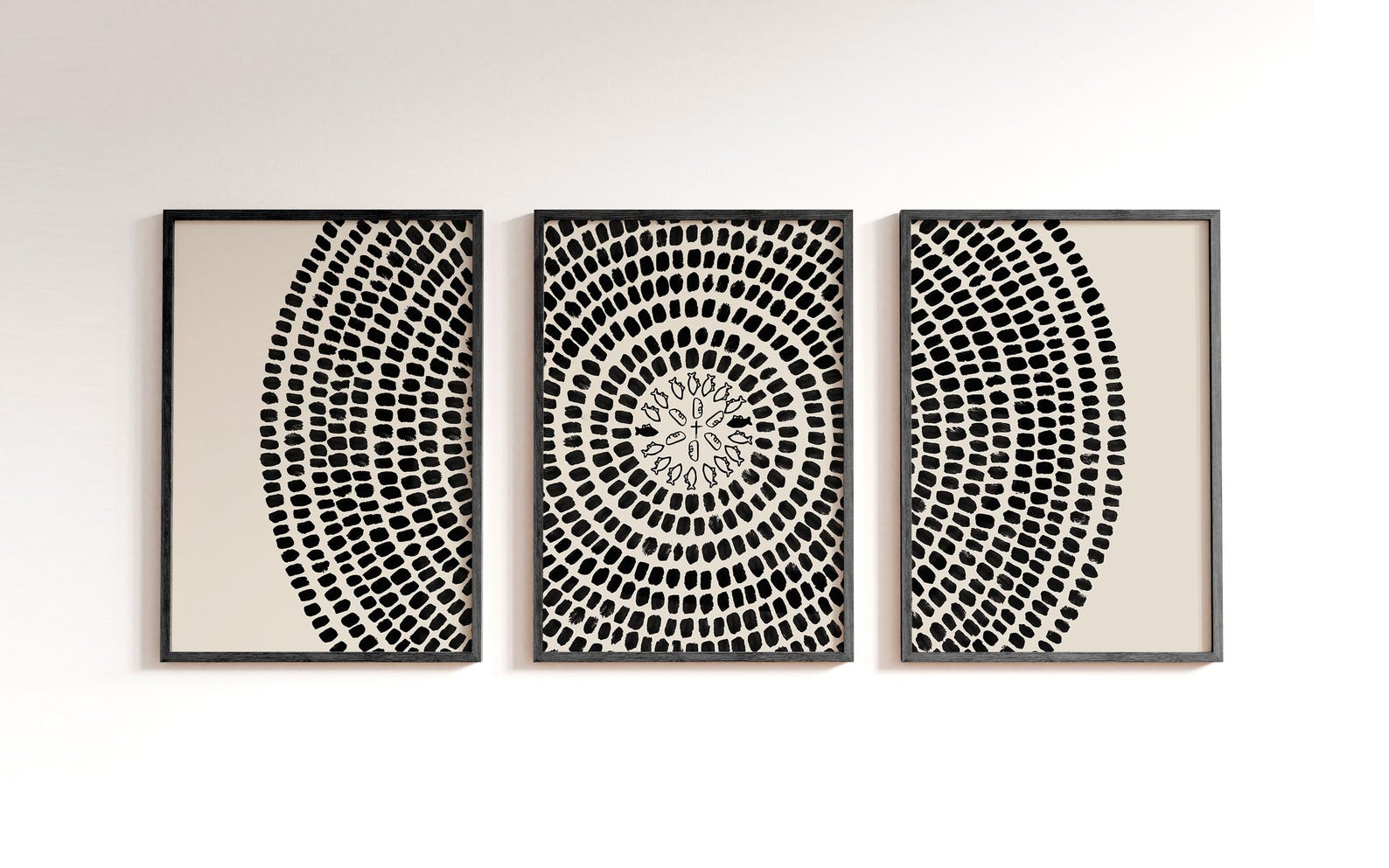 Black and Cream Abstract Radial Circle 3-Piece Wall Art Print Set image 2