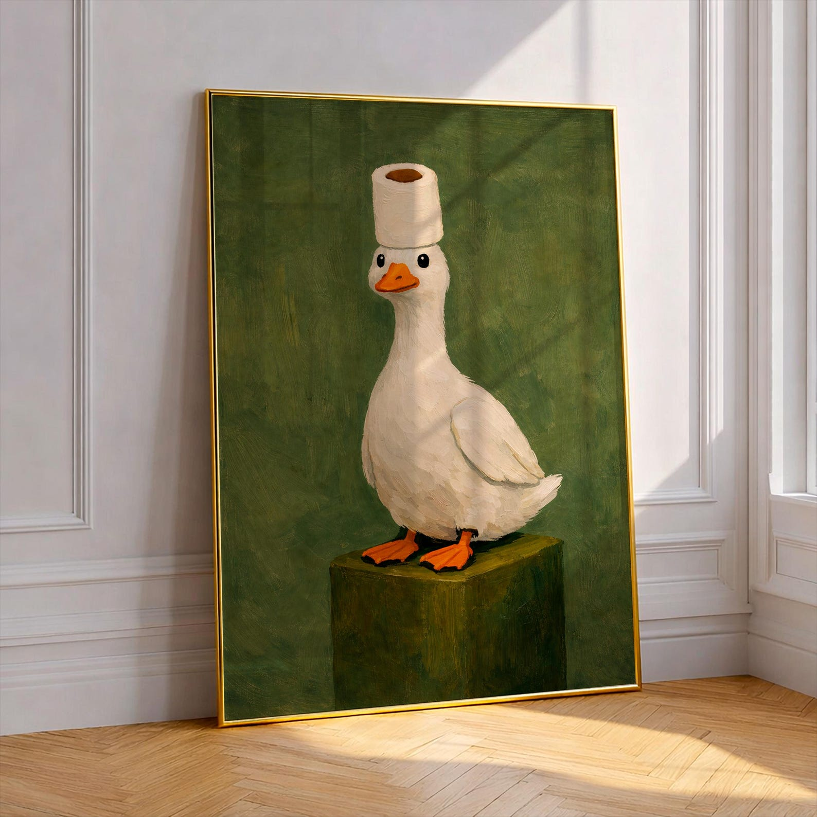 Duck with Toilet Paper Roll Art Print â€“ Green Background Wall Decor image 1