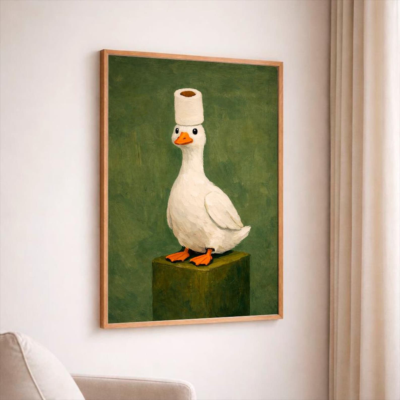 Duck with Toilet Paper Roll Art Print â€“ Green Background Wall Decor image 2