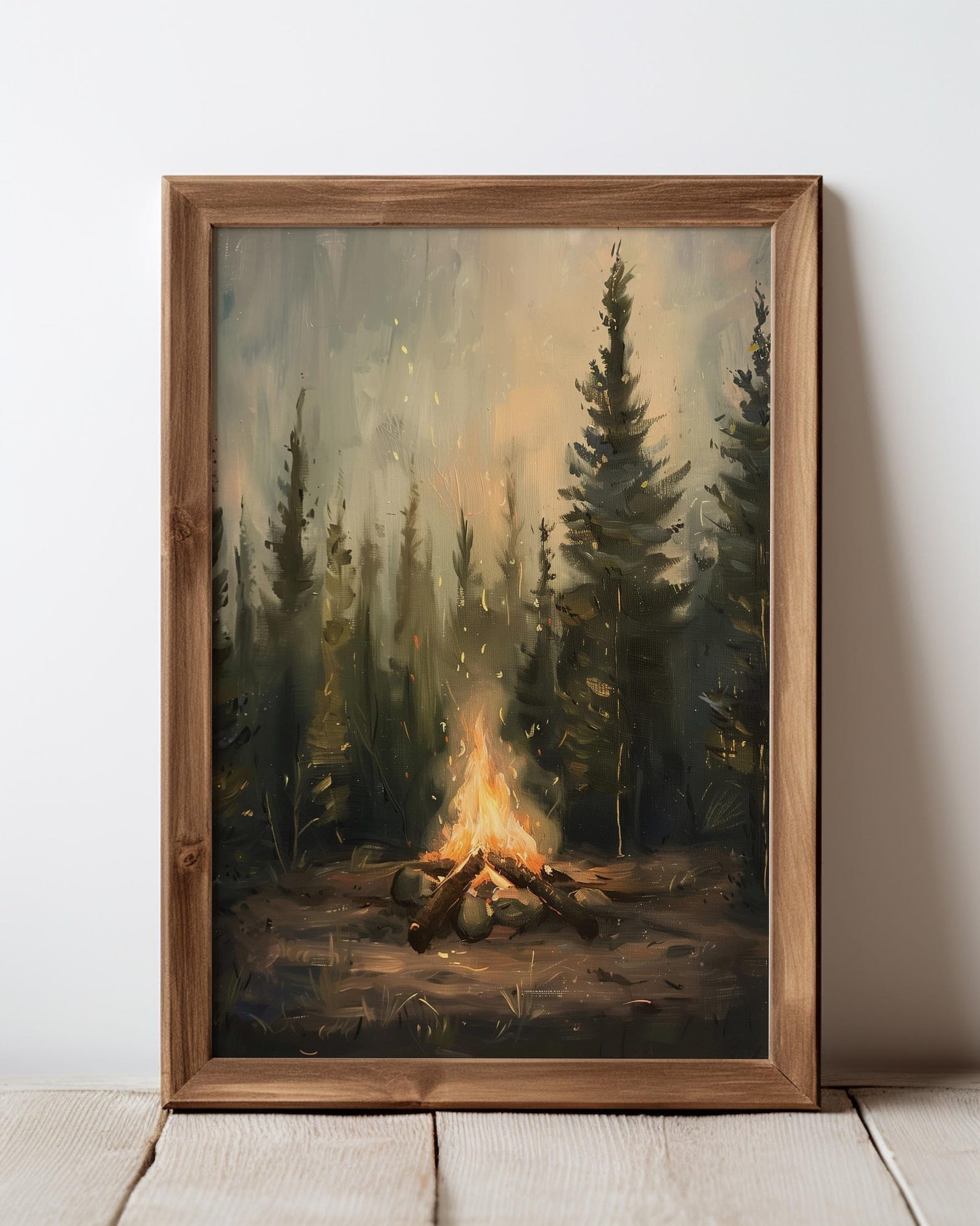 Framed Campfire Forest Oil Painting Print Wall Art 12x16 in image 1
