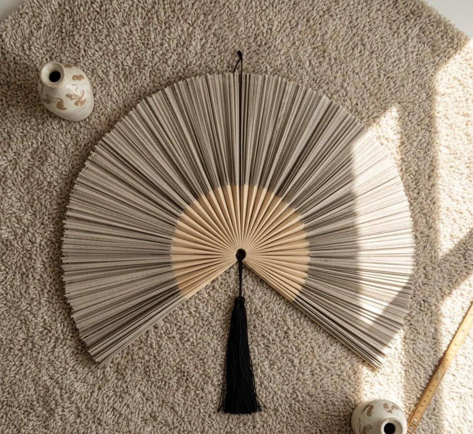 Large Folding Fan Wall Decor with Bamboo Frame and Black Tassel image 1