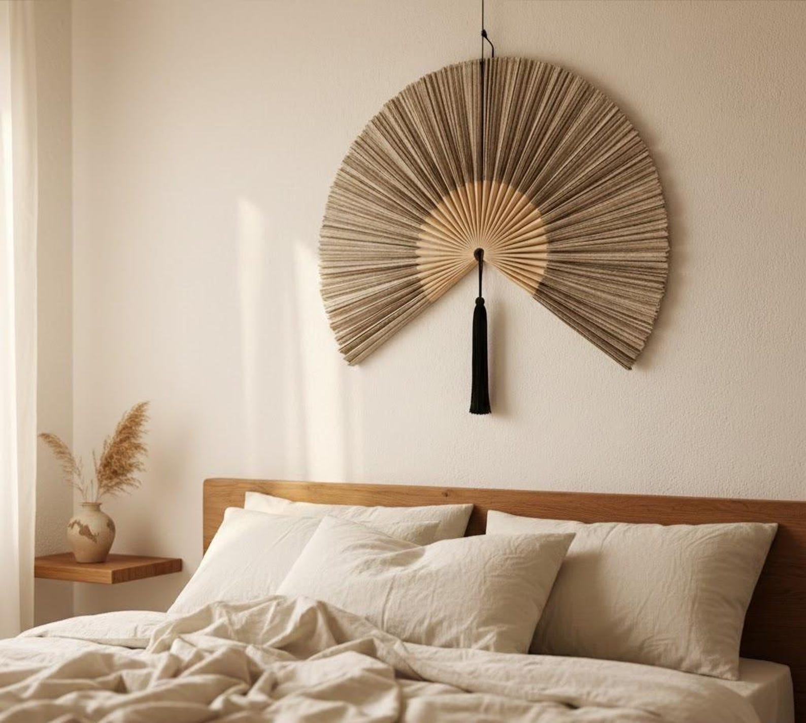 Large Folding Fan Wall Decor with Bamboo Frame and Black Tassel image 2