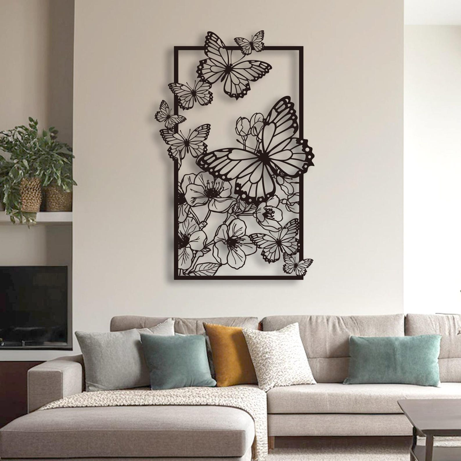 Metal Wall Art Butterfly and Floral Cut-Out Panel, Black, Rectangular image 1