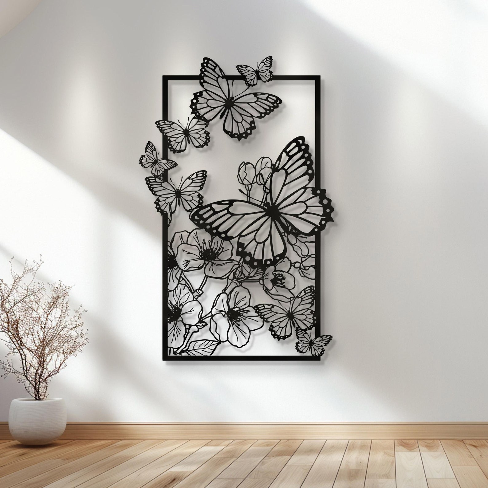 Metal Wall Art Butterfly and Floral Cut-Out Panel, Black, Rectangular image 2