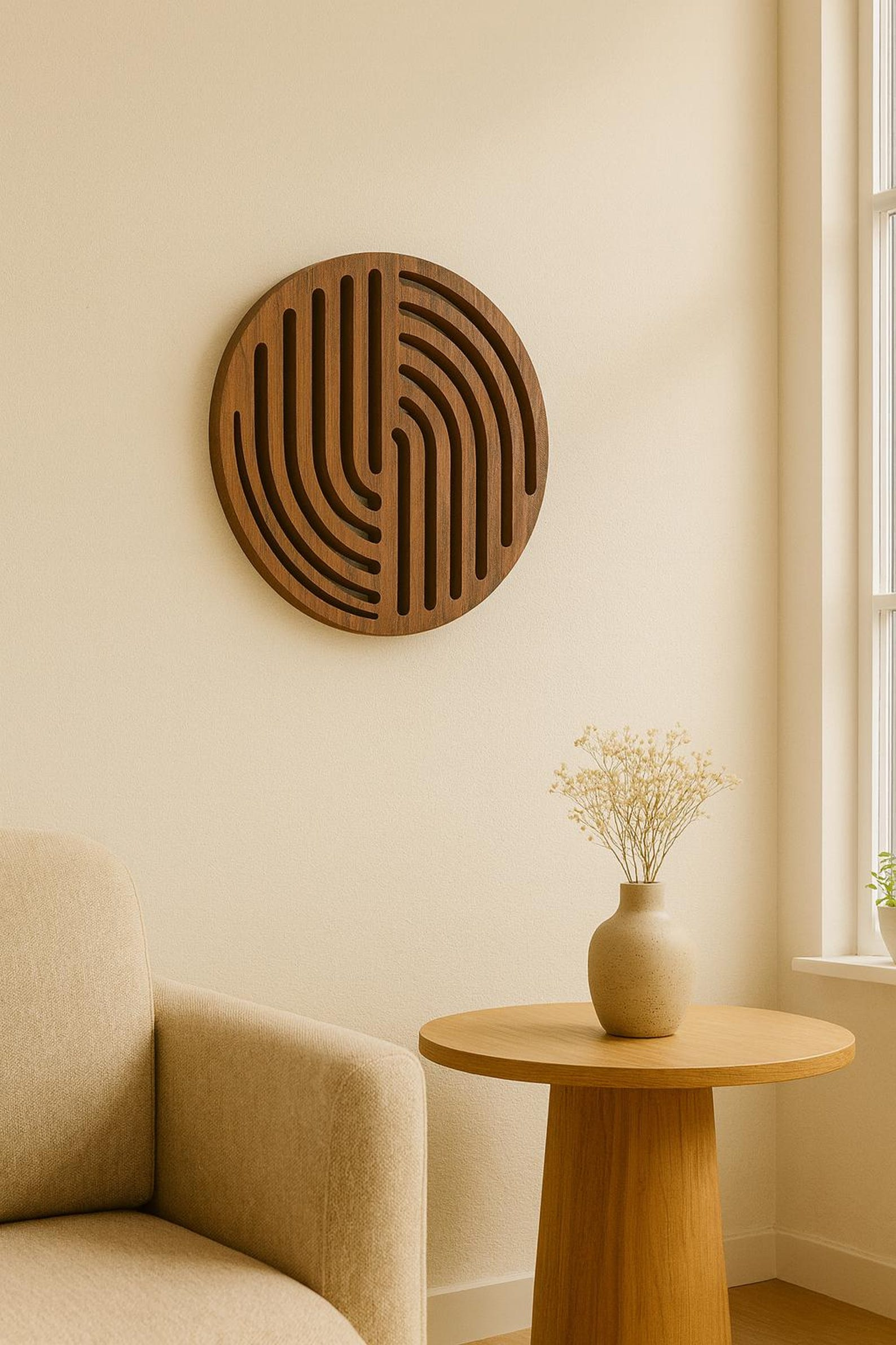 Round Laser-Cut Wood Wall Art Panel with Geometric Curved Pattern image 1