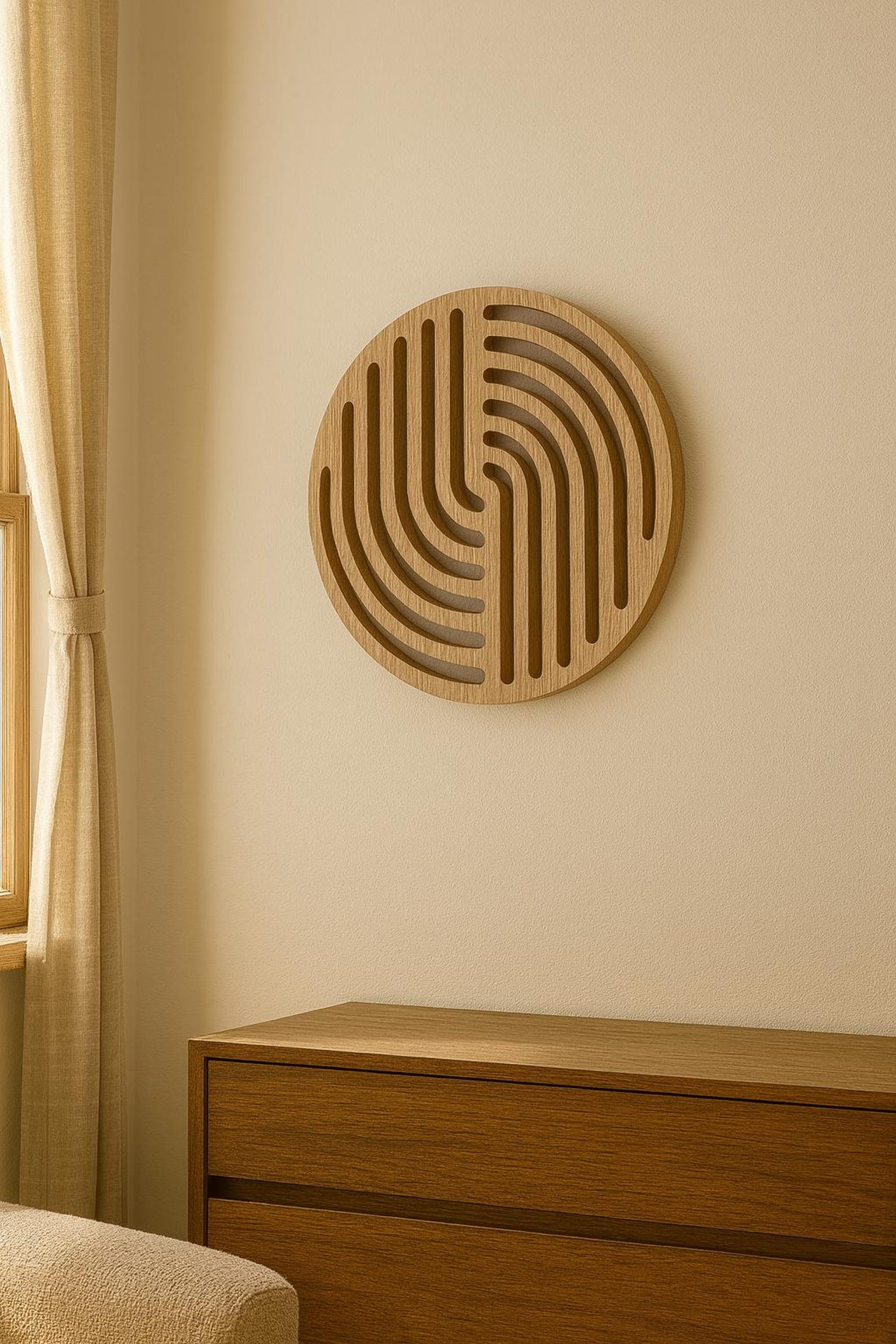 Round Laser-Cut Wood Wall Art Panel with Geometric Curved Pattern image 2