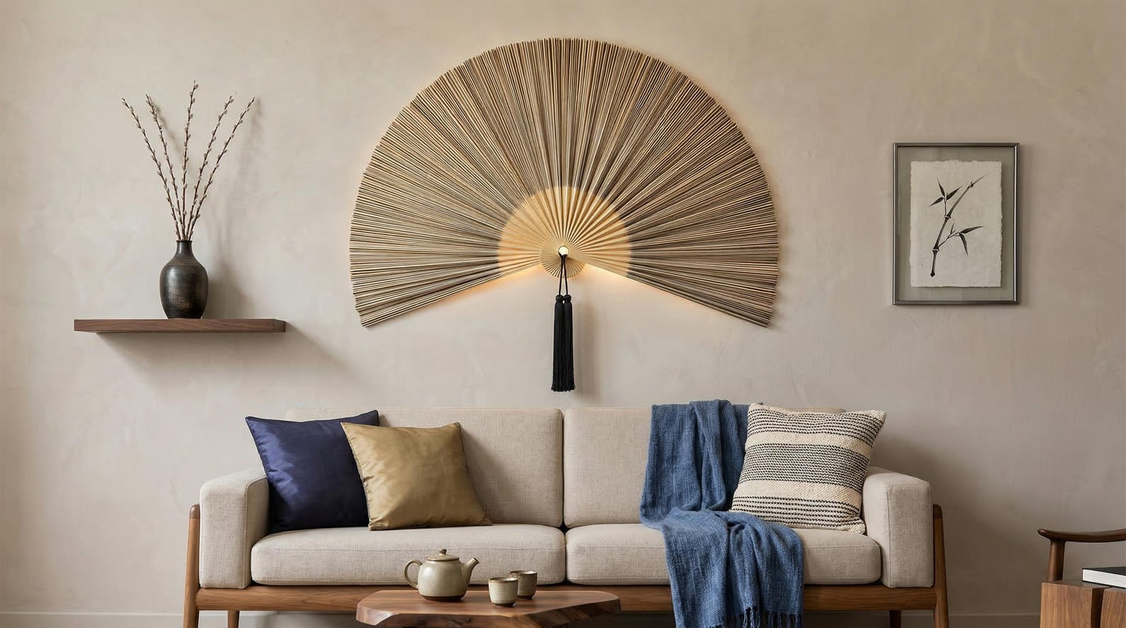Semi-Circle Natural Reed Fan Wall Art Hanging, Large image 2