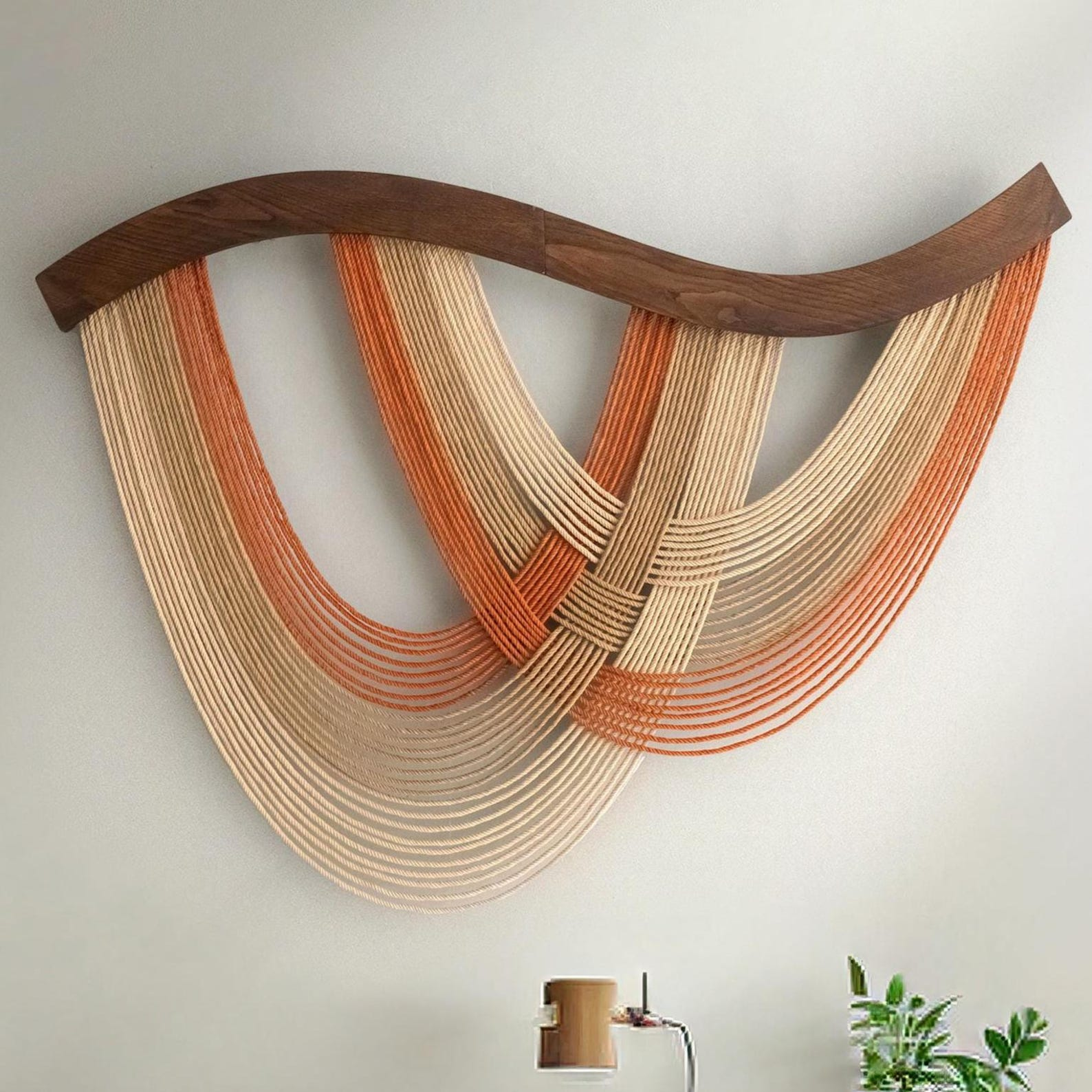 Woven Fiber Wall Hanging with Wood Dowel, Terracotta and Natural Tones image 1